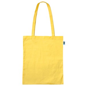 Fairtrade-Baumwolltasche mit zwei langen Griffen; Format: 38x 42cm; Henkellänge: ca. 70cm; Baumwolle: 100% Fairtrade-Baumwolle, ca. 140g/m²; Farbe: gelb - 13-0858 TPX; Maximale Druckfläche: 29x 29cm; Kartoninhalt: 250 Taschen; 