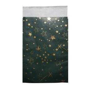 Beschreibung: weihnachtliches klassisches Muster; Packung: 1000 Stück; Größe: 95x 140mm; Klappe: 20mm; Design: W1311F; Papier: Kraft weiß; Grammatur: 60g/m²; Druck: weihnachtlich ,vollflächig grün matt mit goldenen Sternen.