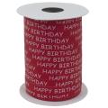 Geschenkband: Birthday, rot; Spule: 10mm/ 151m ; Verkaufseinheit: 1 Spule; Band: Birthday - bedrucktes Polyband, Geburtstag; Beschreibung: mit weißen Schriftzug bedrucktes Polyband, Kräuselband, „Happy Birthday“;