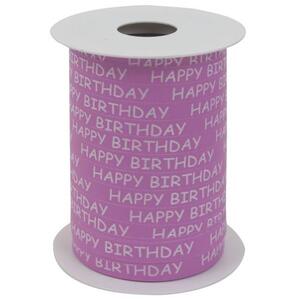 Geschenkband: Birthday, pink; Spule: 10mm/ 151m ; Verkaufseinheit: 1 Spule; Band: Birthday - bedrucktes Polyband, Geburtstag; Beschreibung: mit weißen Schriftzug bedrucktes Polyband, Kräuselband, „Happy Birthday“;