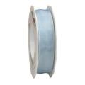 Seidenband mit Drahtkante: Lyon, babyblau; Spule: 25mm/ 25m; Mindestmenge: 1 Spule; Band: einfarbig gewebte Acetatseide; Beschreibung: seidigglänzend mit zwei eingewebten, formhaltenden Drähten