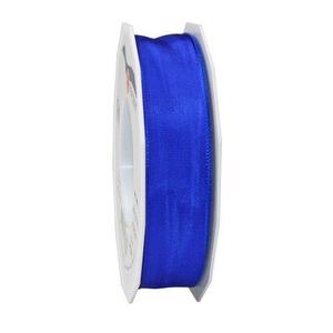 Seidenband mit Drahtkante: Lyon, blau; Spule: 25mm/ 25m; Mindestmenge: 1 Spule; Band: einfarbig gewebte Acetatseide; Beschreibung: seidigglänzend mit zwei eingewebten, formhaltenden Drähten
