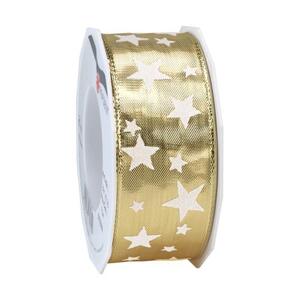 Lurexband mit Draht: Stern, gold; Format: 40mm/ 20m; Mindestmenge: 1 Spule; Band: Lurexband mit Drahtkante; Beschreibung: beflockt mit Sternen