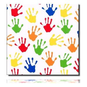 Geschenkpapierrolle Hands, weiß - 915075; Beschreibung: verschieden einfarbige Handabdrücke; Stichwörter: mittelgroß, Kindermotiv, Geburtstag; 