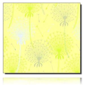 Geschenkpapierrolle Varenna, gelb/ maigrün - 60131; Beschreibung: silberne, graue und hellgrüne große Pusteblumen auf gelben Hintergrund; Stichwörter: groß, Blumen, zweiseitig, Kraftpapier; 