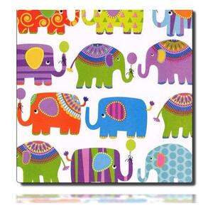 Geschenkpapierrolle Hathi, weiß/ mandarine - 60218; Beschreibung: mittelgroße mit Mustern bunt gemalte Elefanten, weißer Hintergrund; Stichwörter: Kindermotiv, mittelgroß, Tiere, zweiseitig; 
