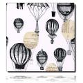 Geschenkpapierrolle Montgolfiére, weiß/ schwarz - 60219; Beschreibung: mittelgroße Heißluftballons, teilweise mit Postkartenmuster; Stichwörter: Muster, Reise, Texte, zweiseitig; 